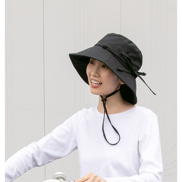 自転車用ヘルメット付きUVつば広リボンハット　ブラック